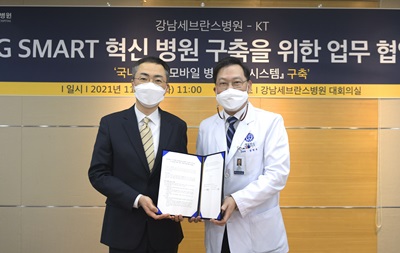 송영구 병원장(우)과 유용규 본부장(좌)이 ‘5G 스마트(SMART) 혁신병원 구축을 위한 업무협약(MOU)’을 체결했다.