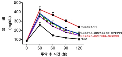 ▲(그림1) SGLT2억제제와 DPP4억제제 병합투여시 혈당강하 시너지효과