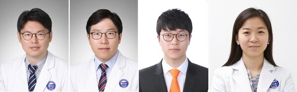 왼쪽부터  종양내과 전홍재, 김찬 교수, 이원석 연구교수, 병리과 황소현 교수